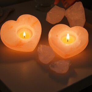 2 Pack Himalayan Salt Heart Candle Holders Tea Light NIB Amber Glow